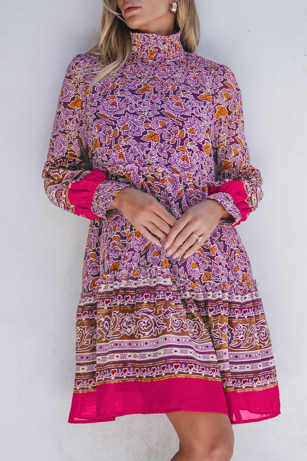 Purple Floral Smocked Puff Sleeve High Neck Mini Dress Floral Dresses JT's Designer Fashion