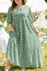 Green Geometric Floral Print Half Sleeve Plus Size Maxi Dress Plus Size Maxi Dresses JT's Designer Fashion