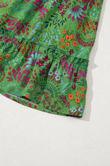 Green Floral Tie Split Neck Frilly Ruffle Trim Tiered Short Dress Floral Dresses JT's Designer Fashion