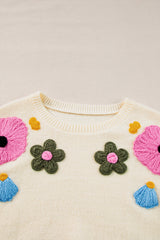 Beige Knitted Flower Pattern Ribbed Edge Sweater Sweaters JT's Designer Fashion