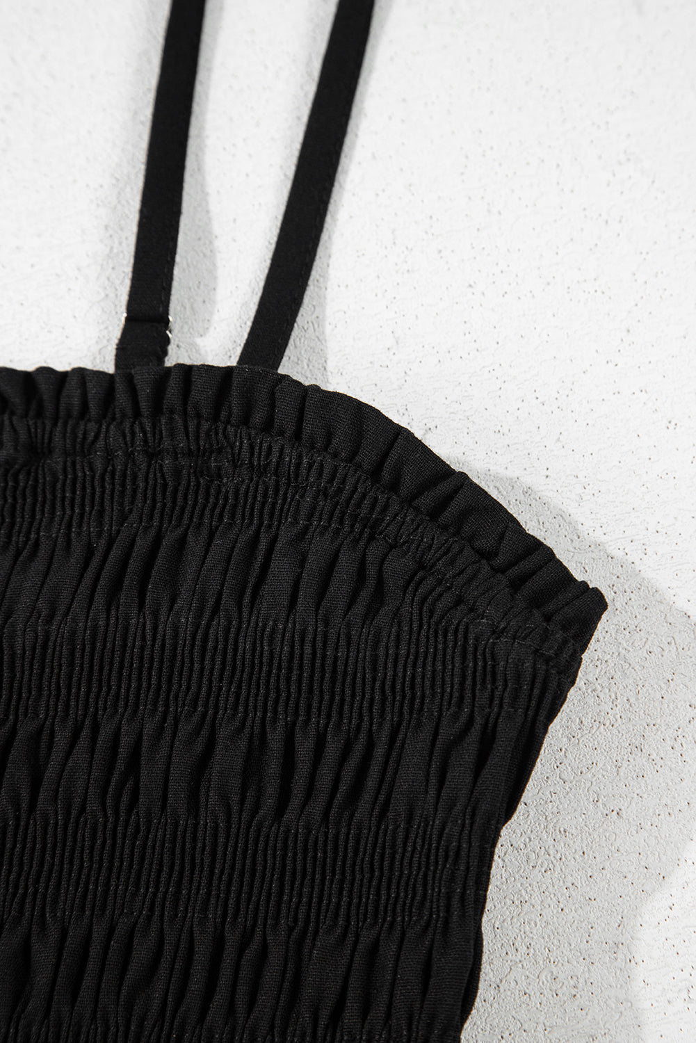 Black Spaghetti Straps Shirred Bodice Pocketed Wide Leg Jumpsuit Jumpsuits & Rompers JT's Designer Fashion