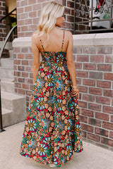 Black Boho Floral Print Thin Straps Sleeveless High Waist Maxi Dress Floral Dresses JT's Designer Fashion