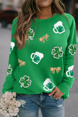 Green St Patrick Sequin Patch Graphic Drop Shoulder Sweatshirt Green 85%Polyester+10%Cotton+5%Elastane Graphic Sweatshirts JT's Designer Fashion