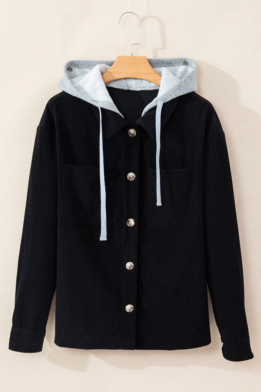 Black Hooded Drawstring Pockets Corduroy Shacket Jackets JT's Designer Fashion