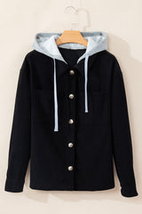 Black Hooded Drawstring Pockets Corduroy Shacket Jackets JT's Designer Fashion