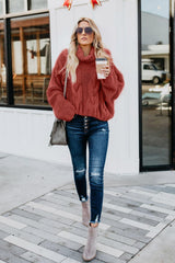Fiery Red Cuddle Weather Cable Knit Handmade Turtleneck Sweater Sweaters JT's Designer Fashion