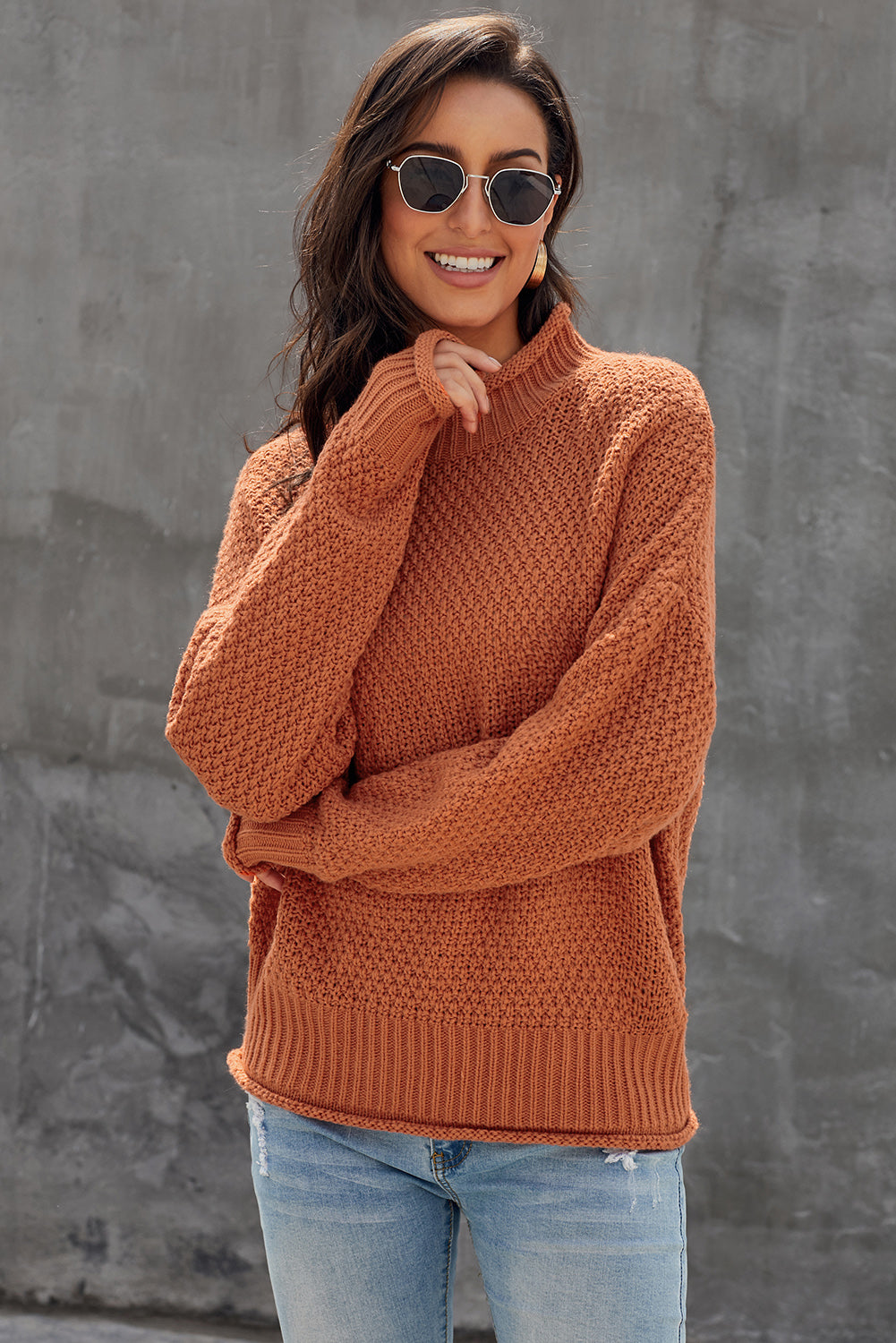 Orange Oversized Chunky Batwing Long Sleeve Turtleneck Sweater Sweaters & Cardigans JT's Designer Fashion