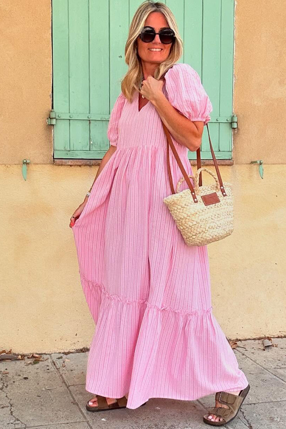 Pink Stripe V Neck Puff Short Sleeve Long Dress Maxi Dresses JT's Designer Fashion