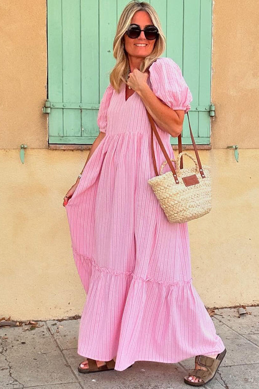 Pink Stripe V Neck Puff Short Sleeve Long Dress Maxi Dresses JT's Designer Fashion
