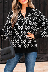 Black Cute Bow Pattern Drop Shoulder Zipped Collar Sweater Sweaters JT's Designer Fashion