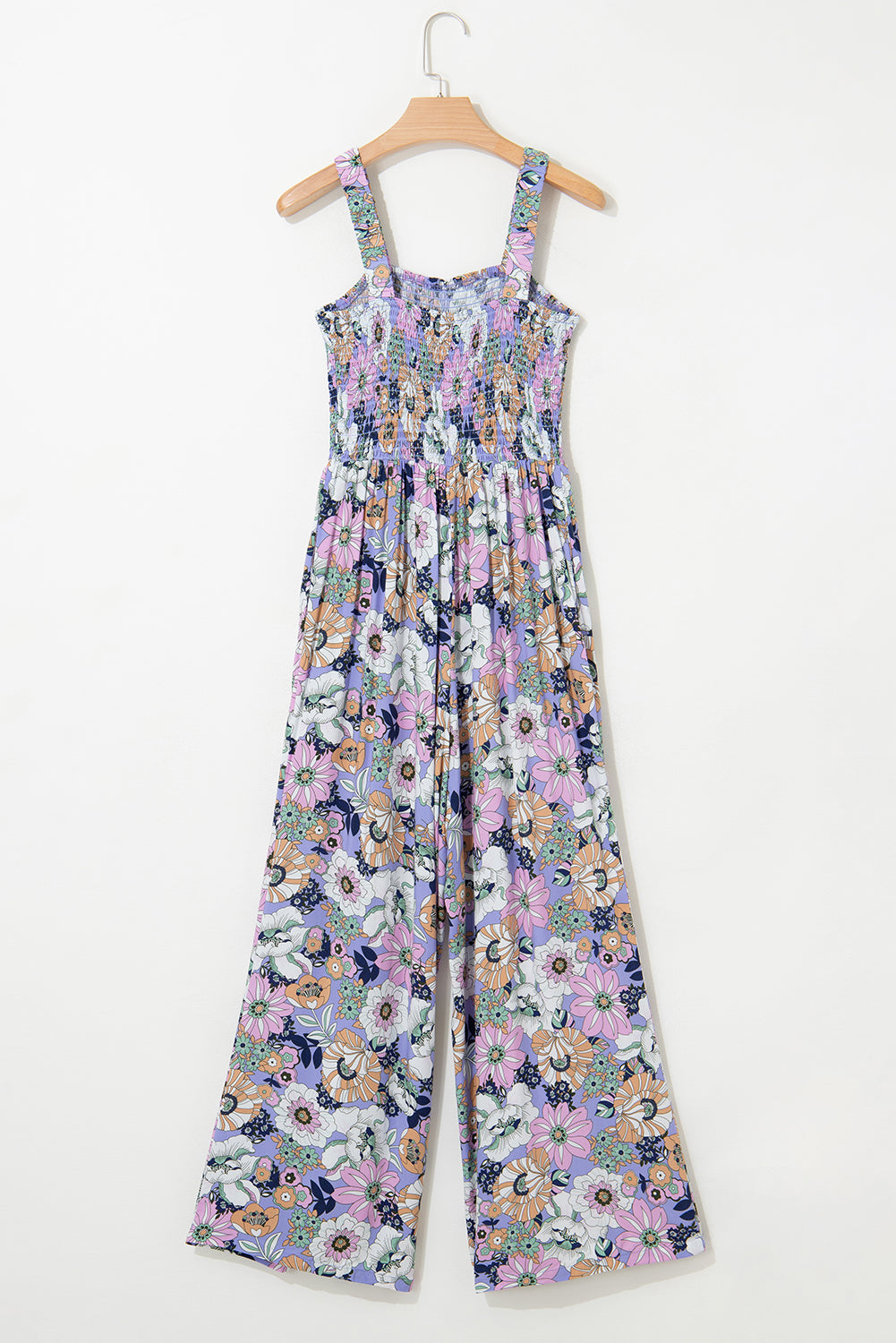 Purple Floral Print Smocked High Waist Square Neck Jumpsuit Dresses JT's Designer Fashion