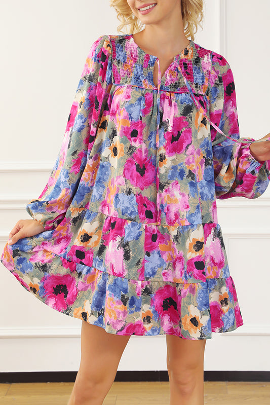 Multicolour Floral Tie Neck Bubble Sleeve Shift Dress Multicolour 100%Polyester Floral Dresses JT's Designer Fashion