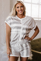 Gray Stripe Mixed Print Short Sleeve Top and Pocketed Shorts Set Short Sets JT's Designer Fashion