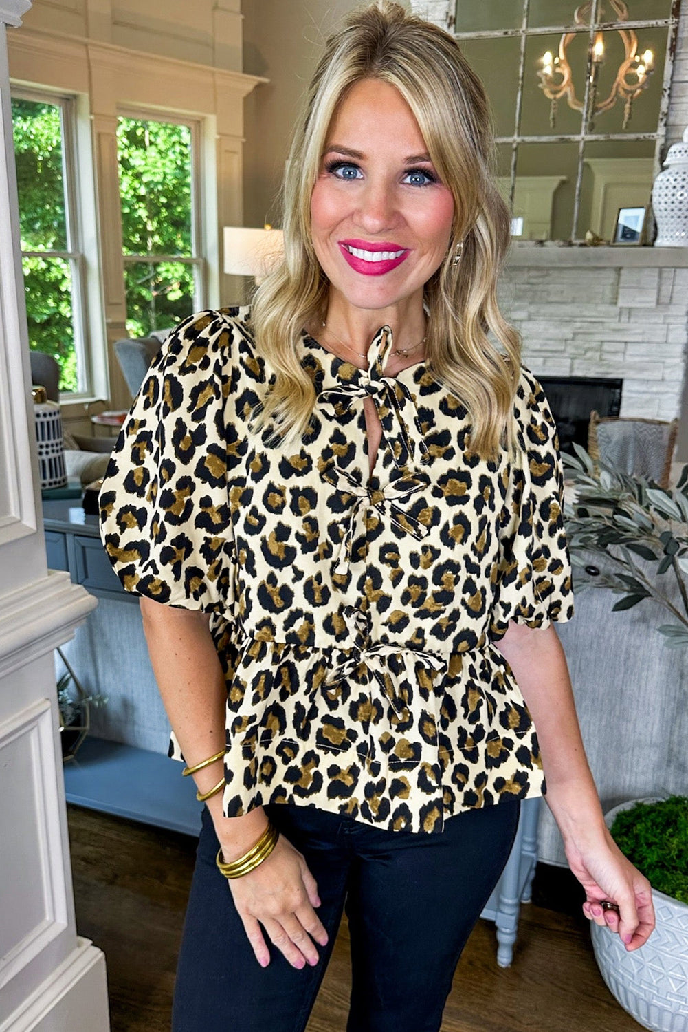 Apricot Leopard Bubble Sleeve Bow Tie Front Peplum Blouse Blouses & Shirts JT's Designer Fashion
