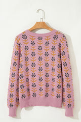 Pink Floral Button Down Ribbed Banded Cardigan Sweater Cardigans JT's Designer Fashion