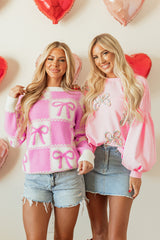Pink Bow Knot Two Tone Checkered Crew Neck Sweater Sweaters JT's Designer Fashion
