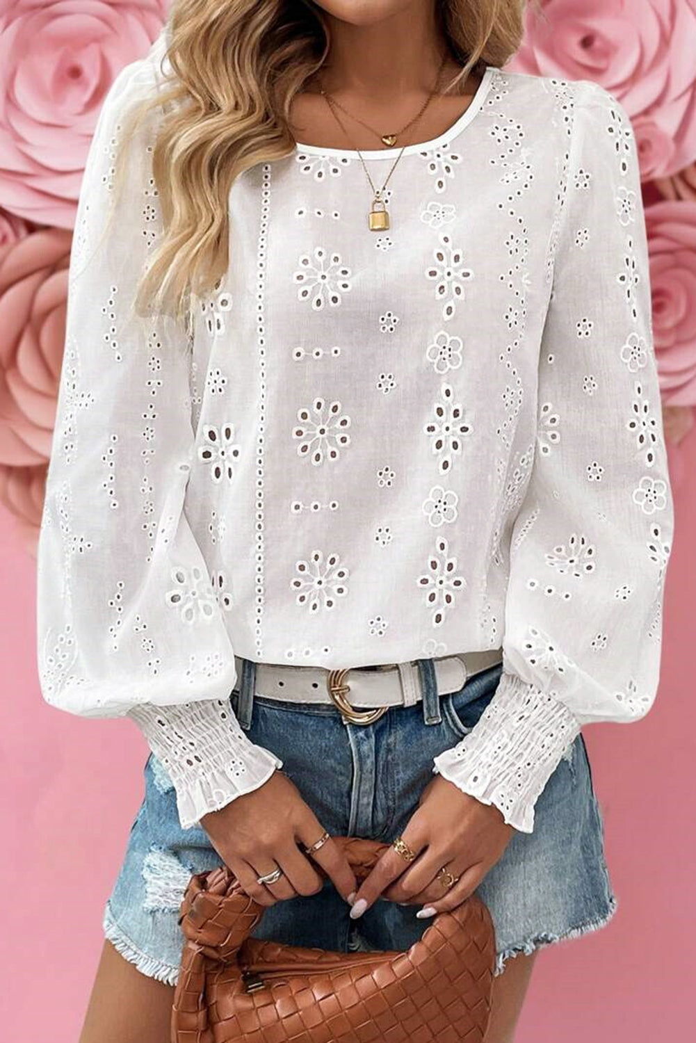 White Eyelet Embroidered Smocked Cuff Sheer Blouse White 100%Cotton Blouses & Shirts JT's Designer Fashion