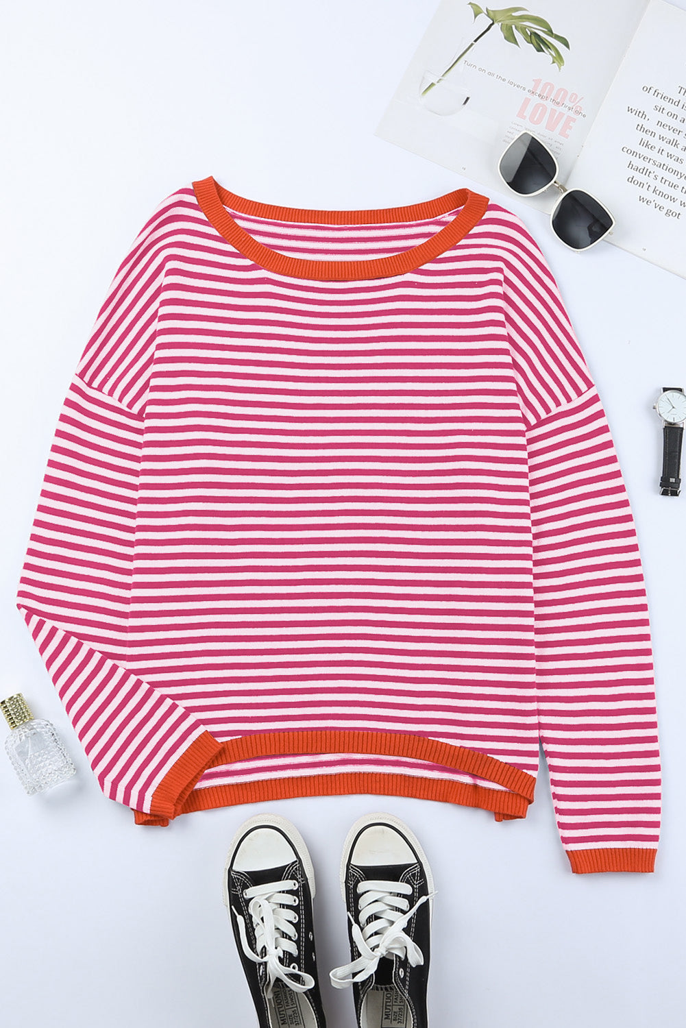 Pink Contrast Trimmed Striped Drop Shoulder Sweater Sweaters JT's Designer Fashion