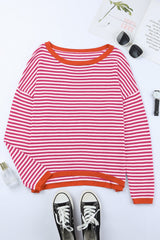 Pink Contrast Trimmed Striped Drop Shoulder Sweater Sweaters JT's Designer Fashion