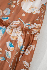 Brown Floral Print Shirred Square Neck High Waist Long Dress Maxi Dresses JT's Designer Fashion