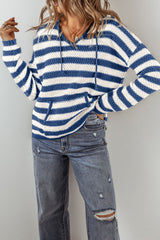 Blue Stripe V Neck Pocketed Drawstring Hooded Sweater Sweaters JT's Designer Fashion