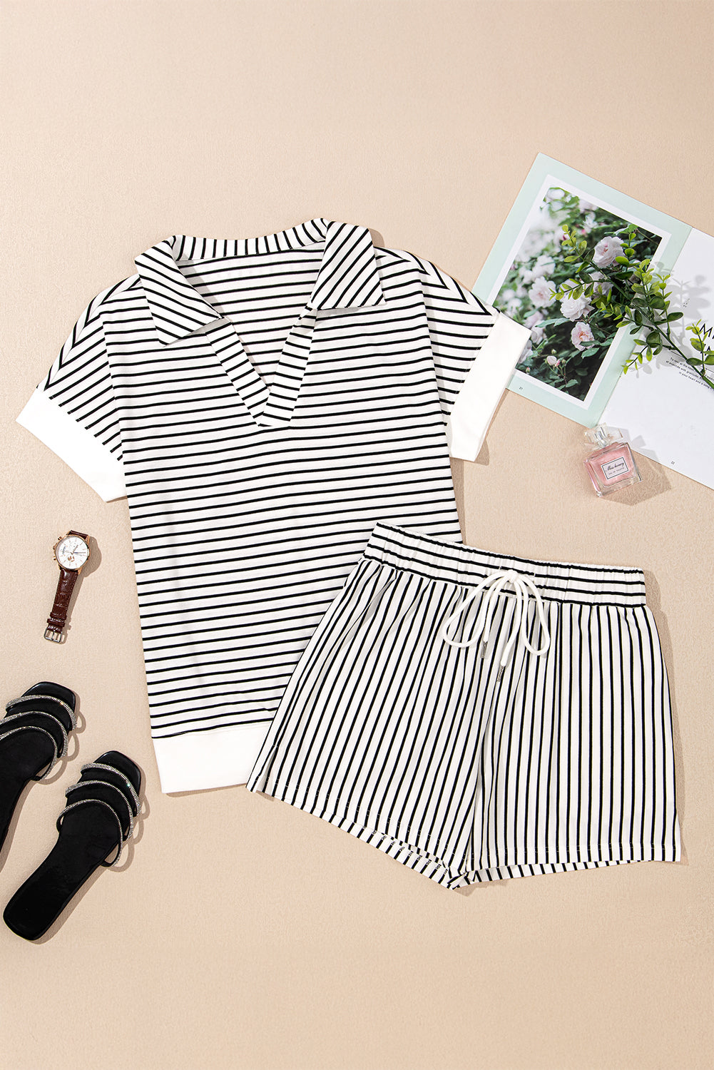 Black Stripe V Neck Tee and Casual Short Set Short Sets JT's Designer Fashion
