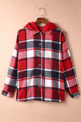 Fiery Red Hooded Plaid Button Front Shacket Plaid Shackets JT's Designer Fashion