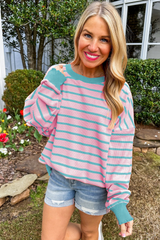Pink Stripe Trimmed Round Neck Drop Shoulder Loose Sweater Sweaters JT's Designer Fashion