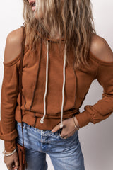Cinnamon Exposed Seam Cold Shoulder Drawstring Hoodie Sweatshirts & Hoodies JT's Designer Fashion