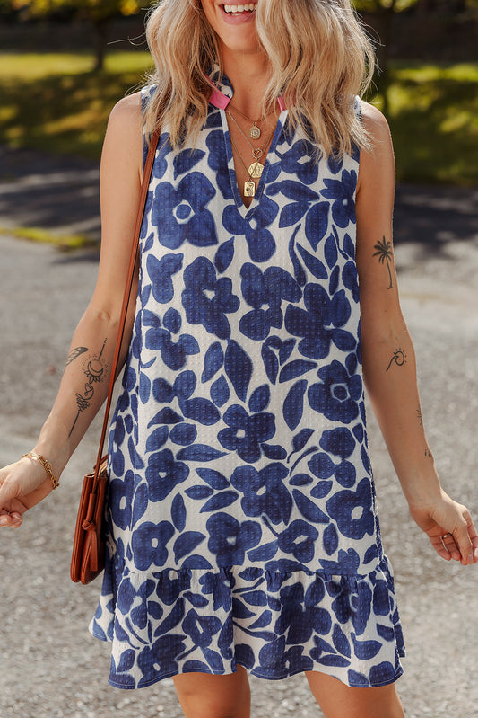 Blue Floral Sleeveless Colorblock Notched V Neck Mini Dress Mini Dresses JT's Designer Fashion