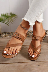 Chestnut Cross Toe Metal Buckle Leathered Flat Slippers Slippers JT's Designer Fashion