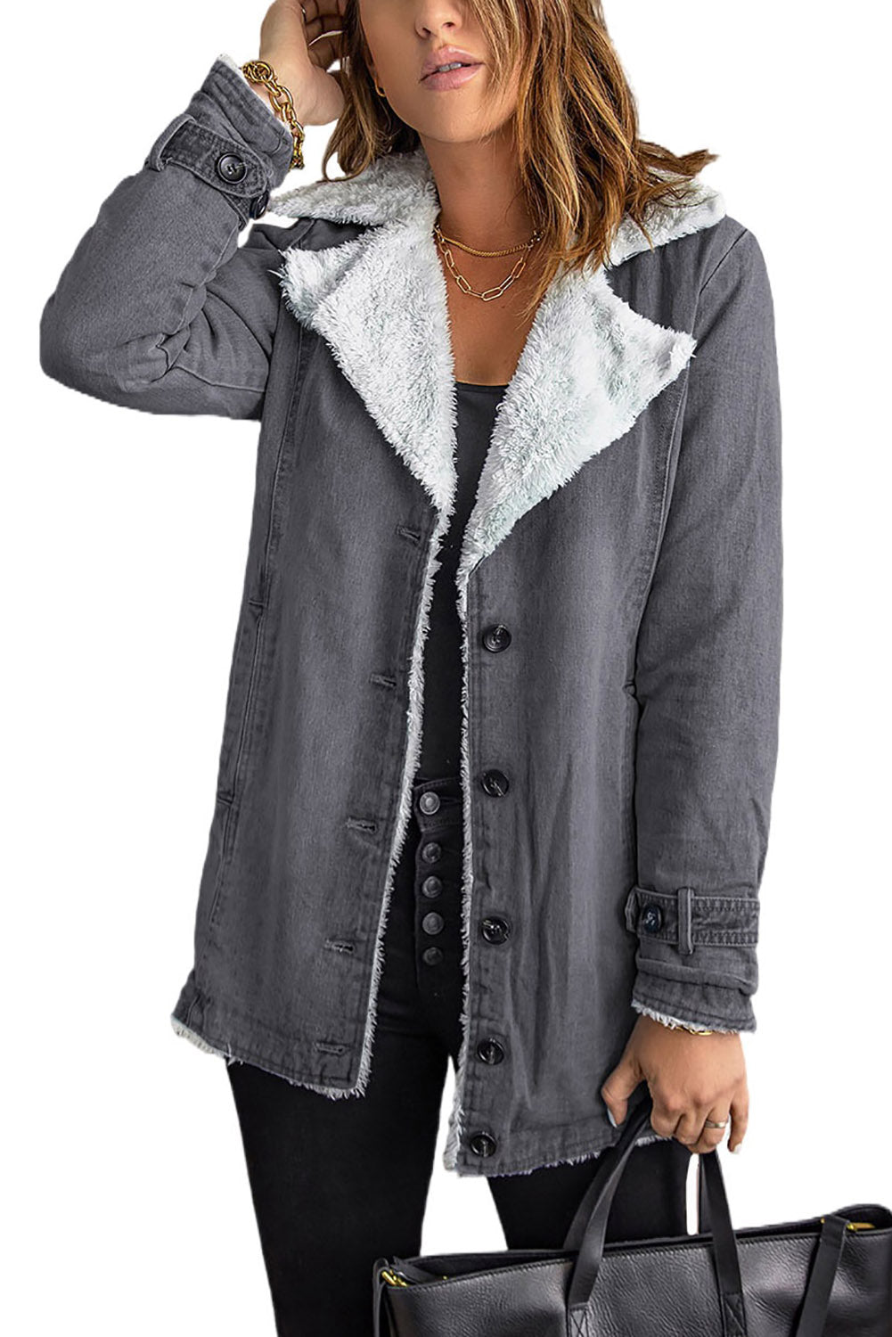 Gray Lapel Collar Button Fleece Jacket Jackets JT's Designer Fashion