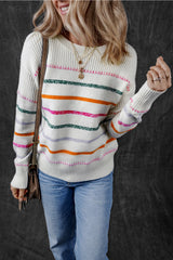 White Colorful Striped Ribbed Trim Sweater Sweaters JT's Designer Fashion