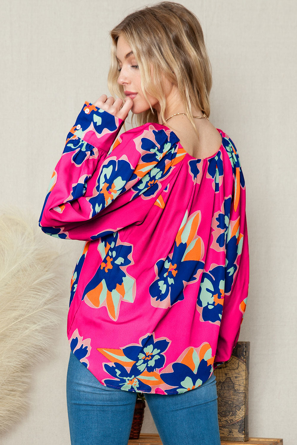 Rose Floral Pattern V Neck Balloon Sleeve Plus Size Blouse Plus Size Blouses & Shirts JT's Designer Fashion