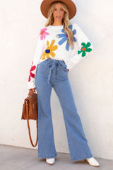White Colorful Big Flower Pattern Crewneck Sweater Sweaters JT's Designer Fashion