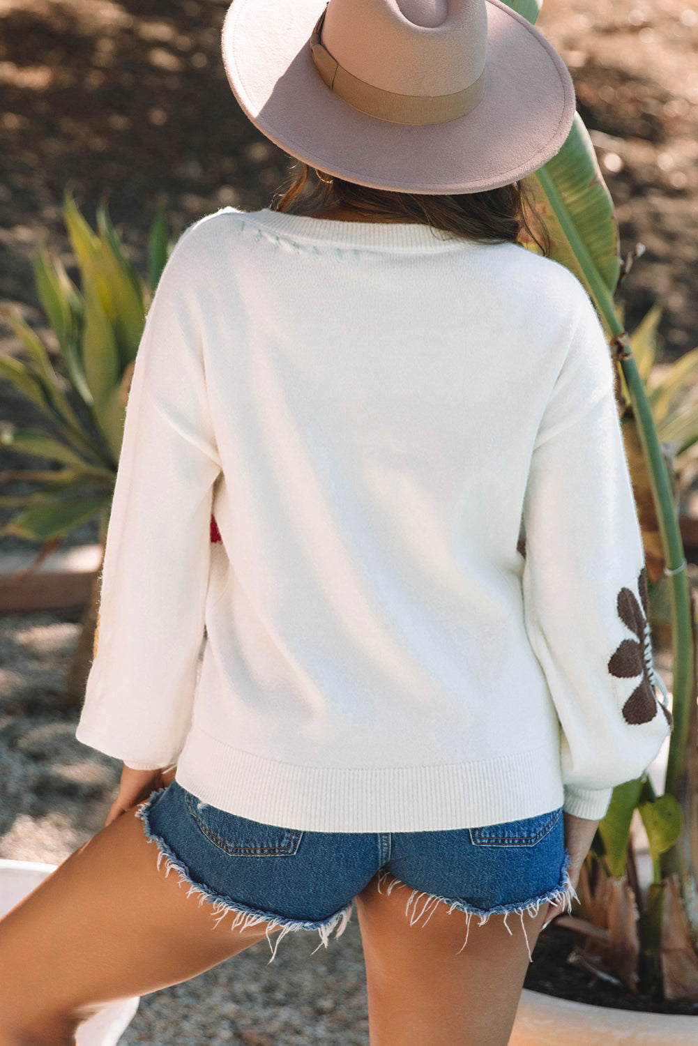 White Big Flower Pattern V Neck Drop Shoulder Sweater Sweaters JT's Designer Fashion