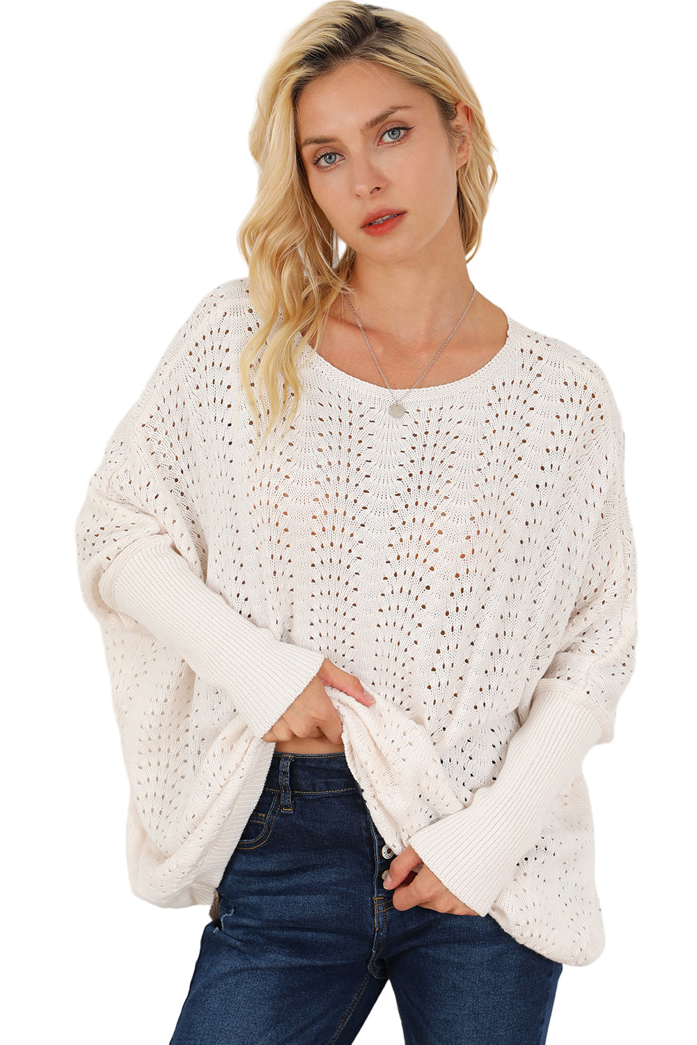 Beige Ribbed Hollow Knit Dolman Sleeve Sweater Sweaters & Cardigans JT's Designer Fashion