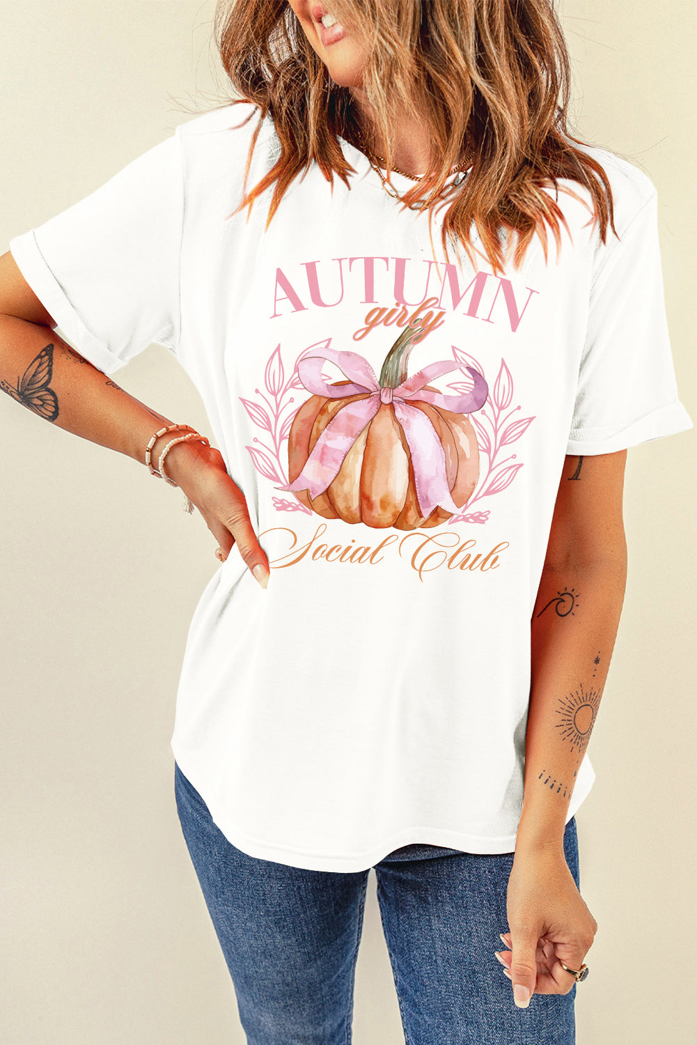 White Autumn Girly Thanksgiving Bowknot Pumpkin Graphic T Shirt Graphic Tees JT's Designer Fashion