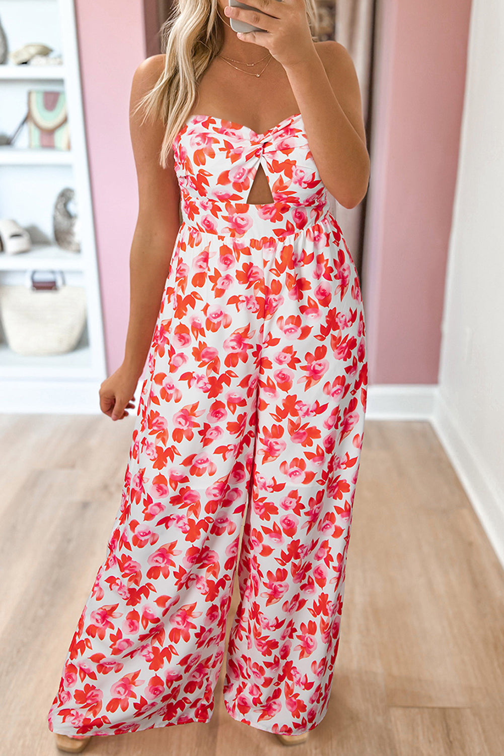 Pink Floral Print Twisted Bandeau Keyhole Pleated Wide Leg Jumpsuit Jumpsuits & Rompers JT's Designer Fashion