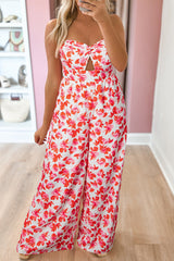 Pink Floral Print Twisted Bandeau Keyhole Pleated Wide Leg Jumpsuit Jumpsuits & Rompers JT's Designer Fashion