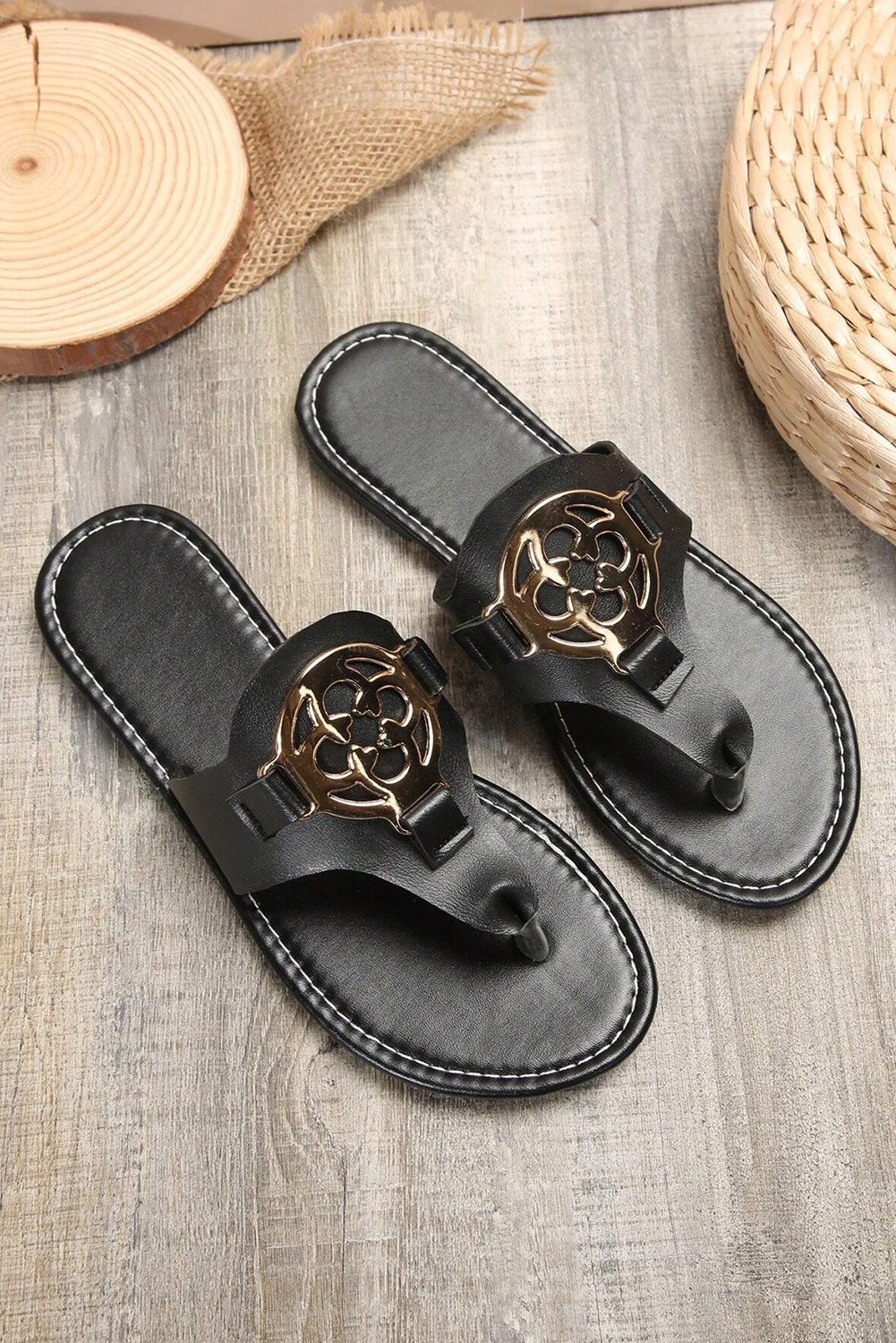 Black Metal Décor Leather Thong Slippers Slippers JT's Designer Fashion
