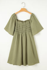 Grass Green Frilly Square Neck Flutter Sleeve Smocked High Waist Plus Size Dress Plus Size Mini Dresses JT's Designer Fashion