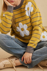 Yellow Stripe Daisy Floral Knitted Round Neck Sweater Yellow Stripe 50%Viscose+28%Polyester+22%Polyamide Sweaters JT's Designer Fashion