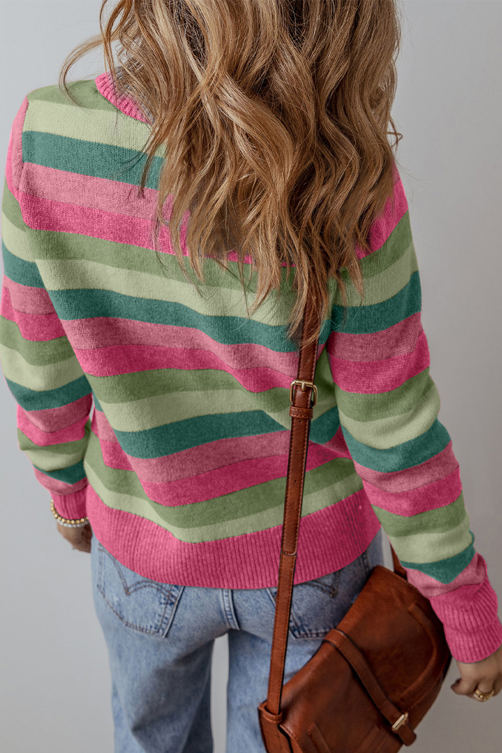 Green Color Block Ribbed Edge Round Neck Sweater Sweaters JT's Designer Fashion
