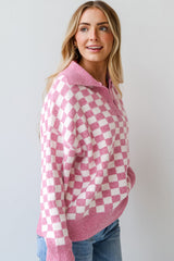 Pink Checkered Buttons Collar V Neck Drop Shoulder Sweater Sweaters JT's Designer Fashion