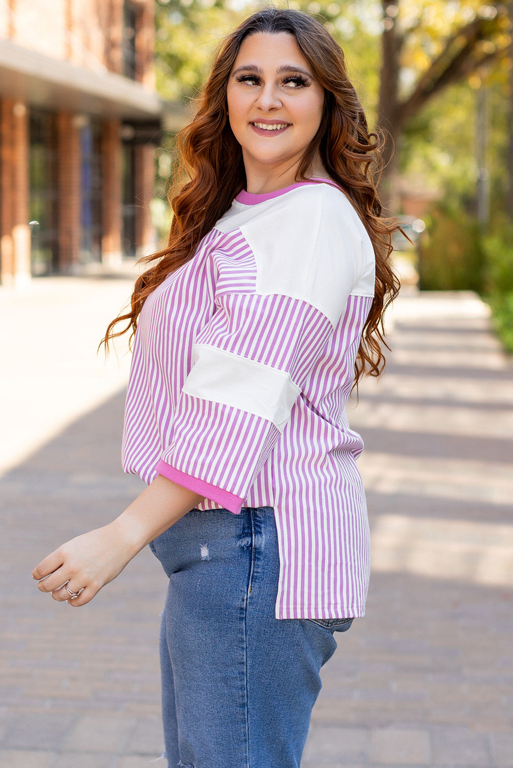 Pink Stripe Patchwork Bracelet Sleeve Plus Size T Shirt Plus Size JT's Designer Fashion