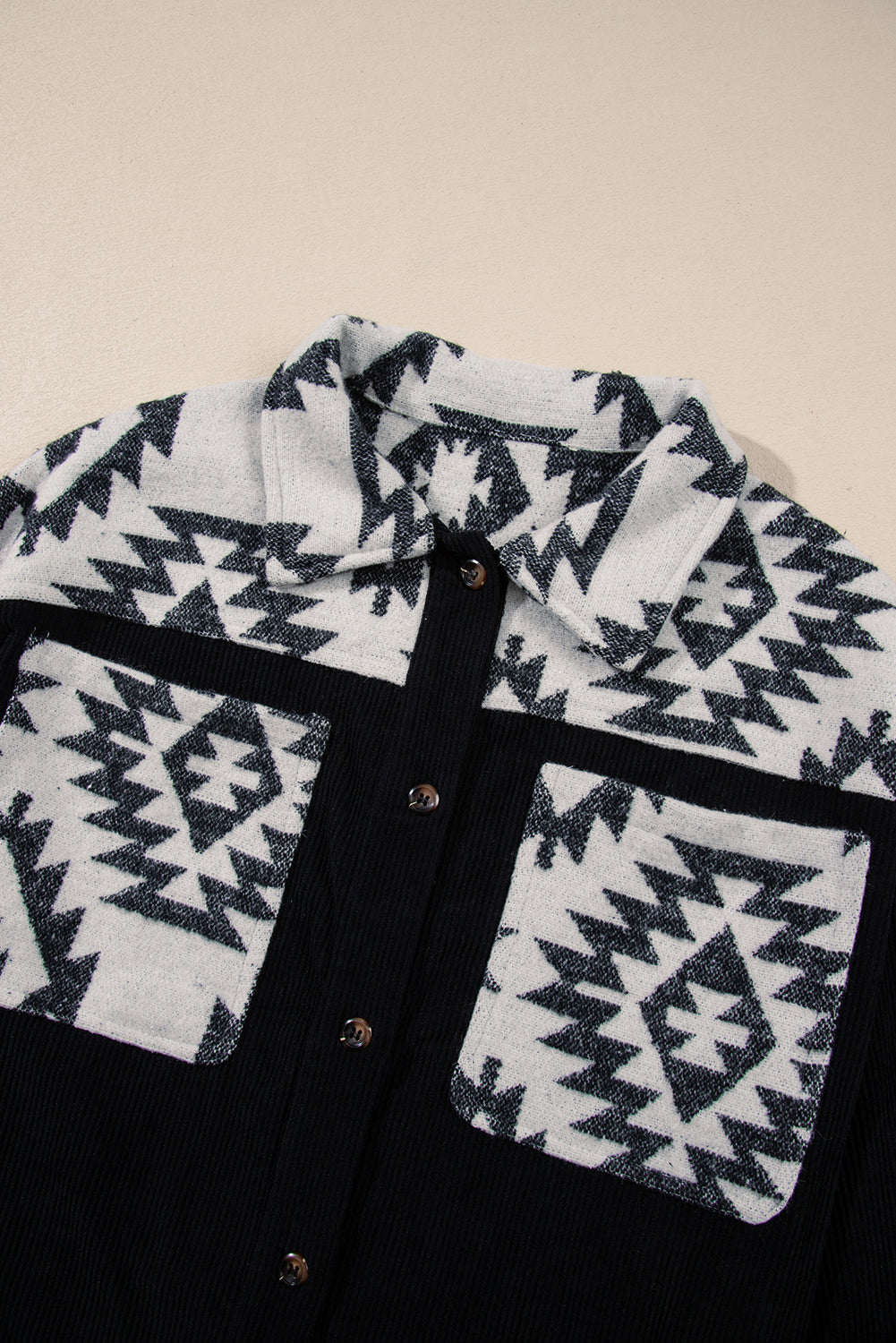 Black Aztec Patchwork Buttoned Corduroy Shacket Jackets JT's Designer Fashion