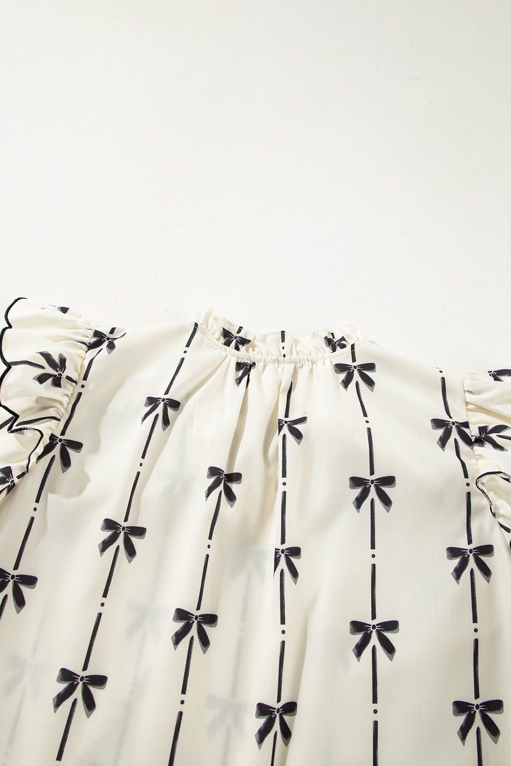 Beige Bow Printed Ruffled Bubble Sleeve Tied Notched V Neck Blouse Blouses & Shirts JT's Designer Fashion