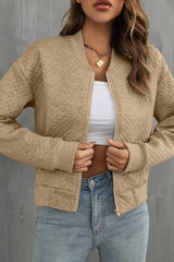 Pale Khaki Solid Geometric Textured Baseball Collar Jacket Jackets JT's Designer Fashion
