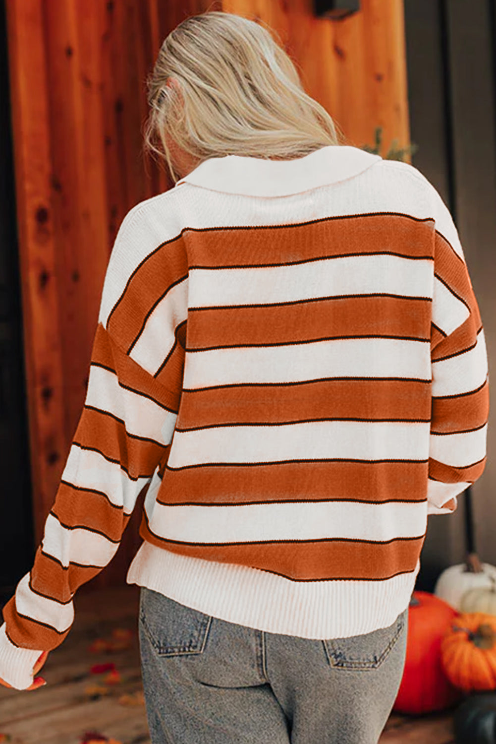 Brown Stripe Ribbed Polo Collar Drop Shoulder Sweater Sweaters JT's Designer Fashion